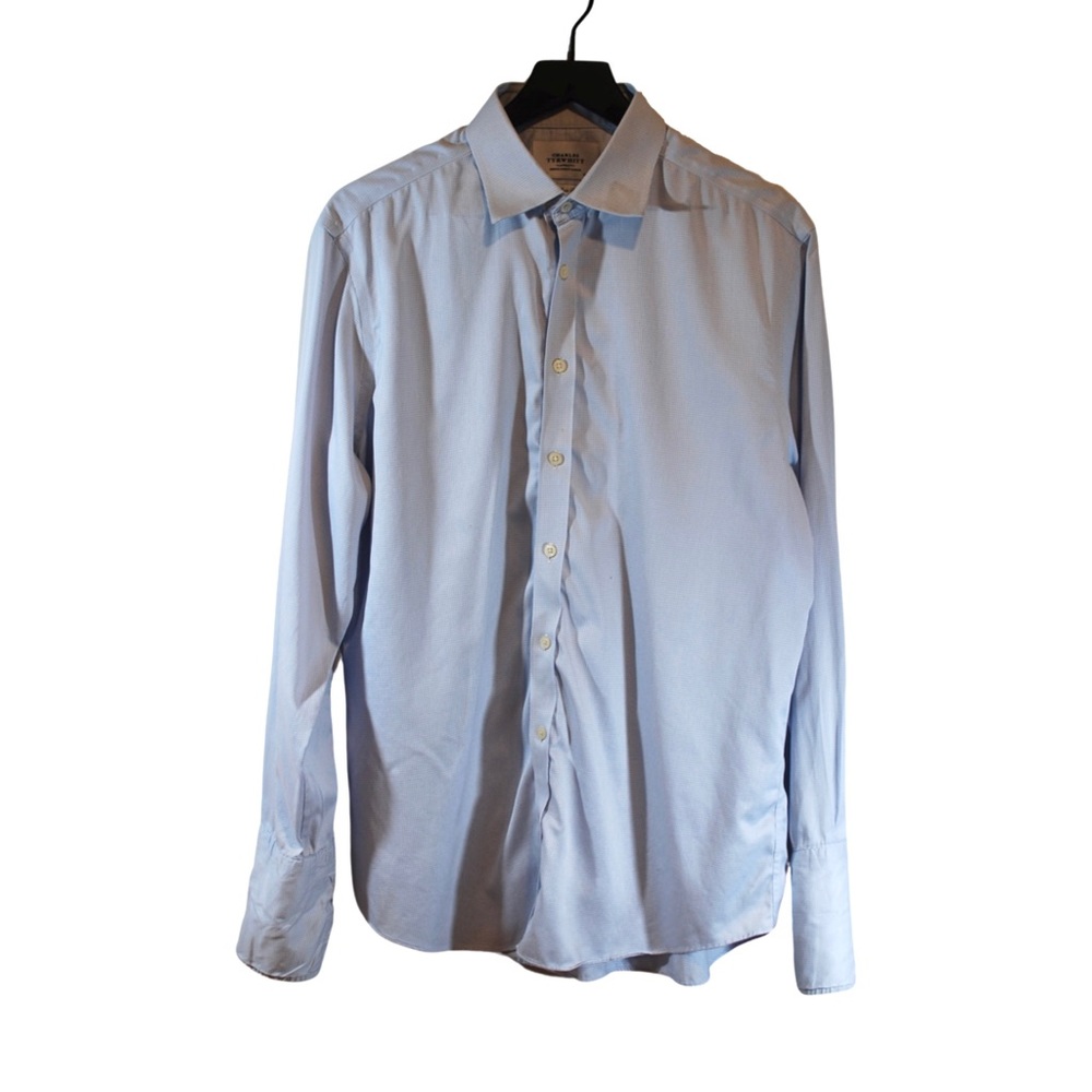 Charles Tyrwhitt White Blue Houndstooth Slim Dress Shirt 16.5. French Cuff